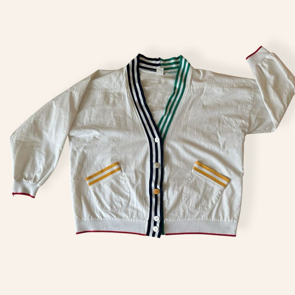 VTG Light Weight Oxford Style Varsity Striped Trim Cardigan Large